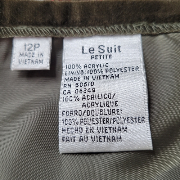 Le Suit Tweed Skirt Suit 12P Brown Olive Flap Pockets Tulip Hem Velvet Buttons - Picture 8 of 10